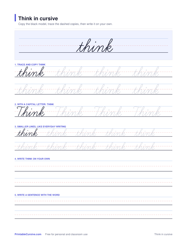 Preview of the Think in cursive practice sheet worksheet