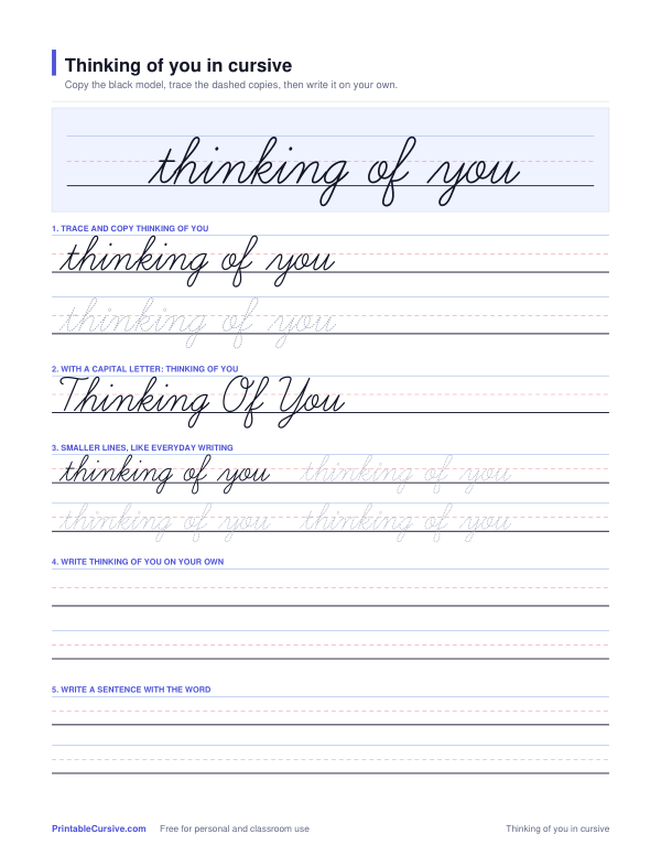 Preview of the Thinking of you in cursive practice sheet worksheet