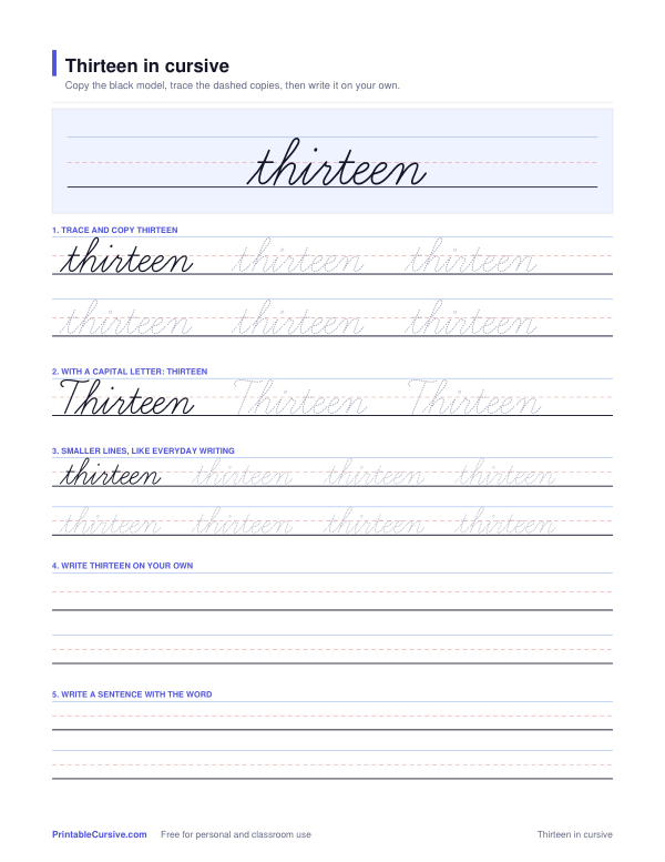 Preview of the Thirteen in cursive practice sheet worksheet