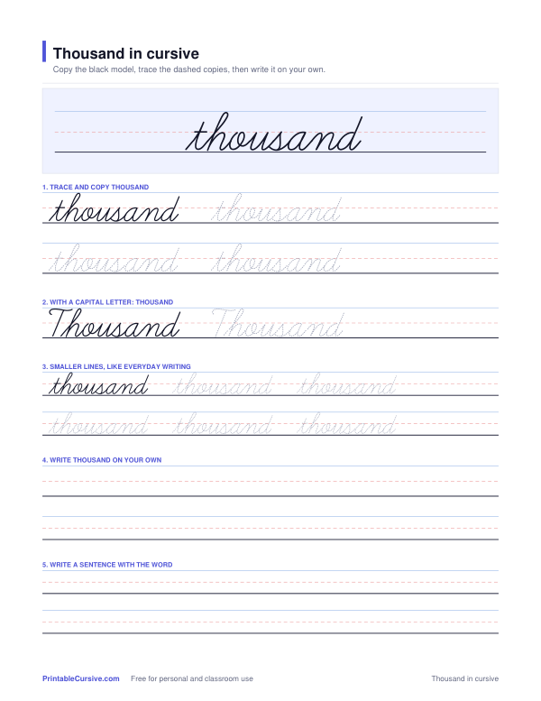 Preview of the Thousand in cursive practice sheet worksheet