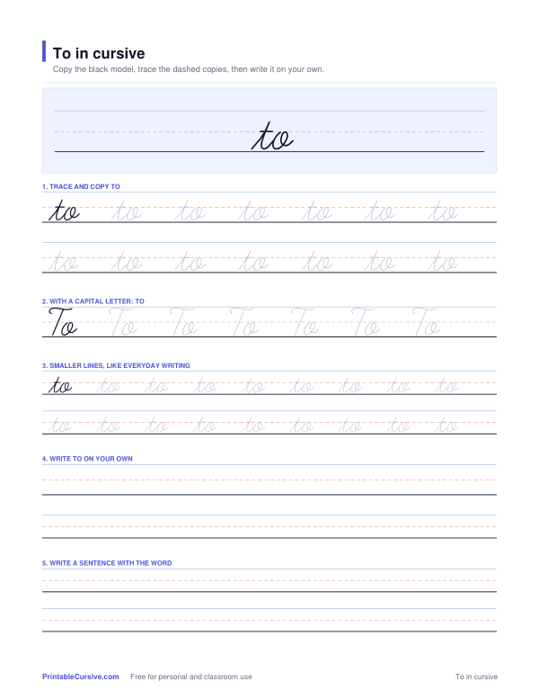 Preview of the To in cursive practice sheet worksheet