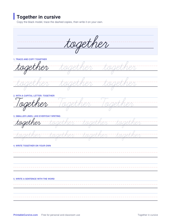 Preview of the Together in cursive practice sheet worksheet
