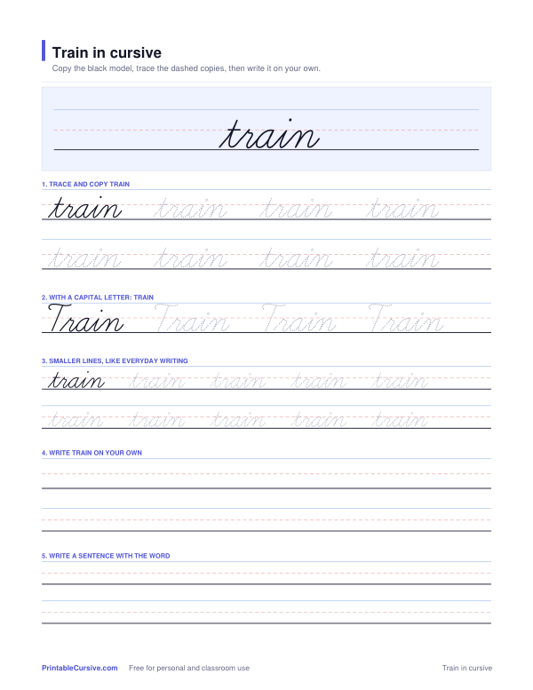 Preview of the Train in cursive practice sheet worksheet