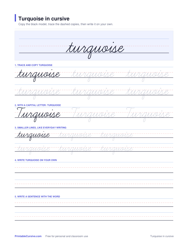 Preview of the Turquoise in cursive practice sheet worksheet