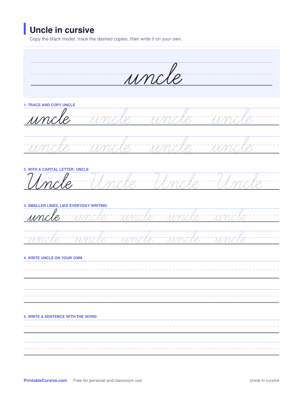 Preview of the Uncle in cursive practice sheet worksheet