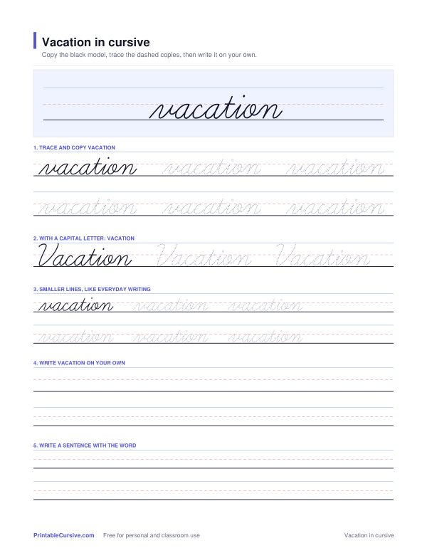 Preview of the Vacation in cursive practice sheet worksheet