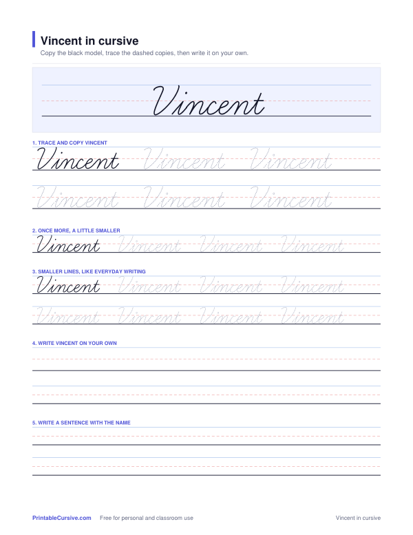 Preview of the Vincent in cursive practice sheet worksheet