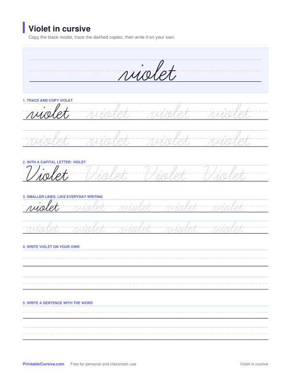 Preview of the Violet in cursive practice sheet worksheet