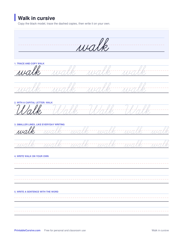 Preview of the Walk in cursive practice sheet worksheet