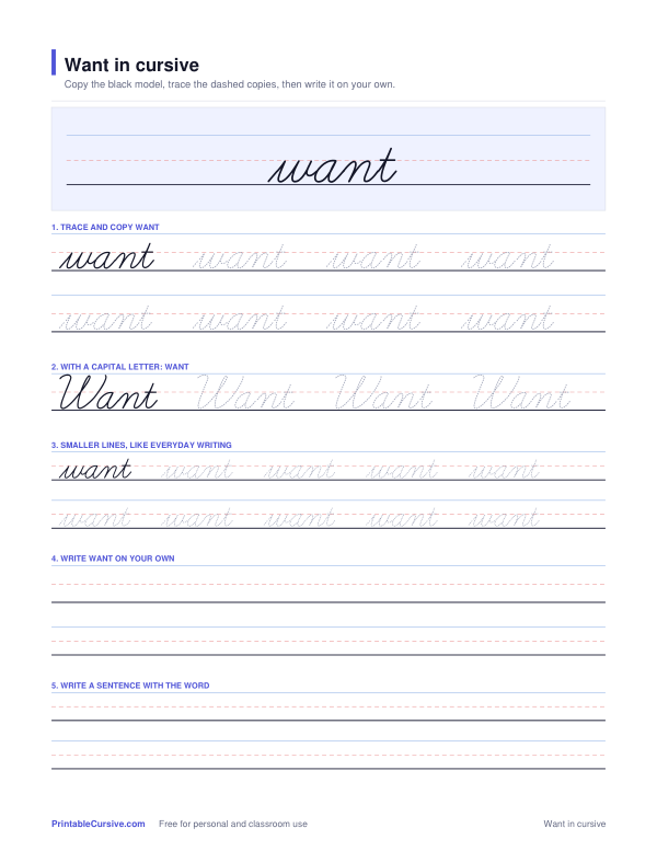 Preview of the Want in cursive practice sheet worksheet
