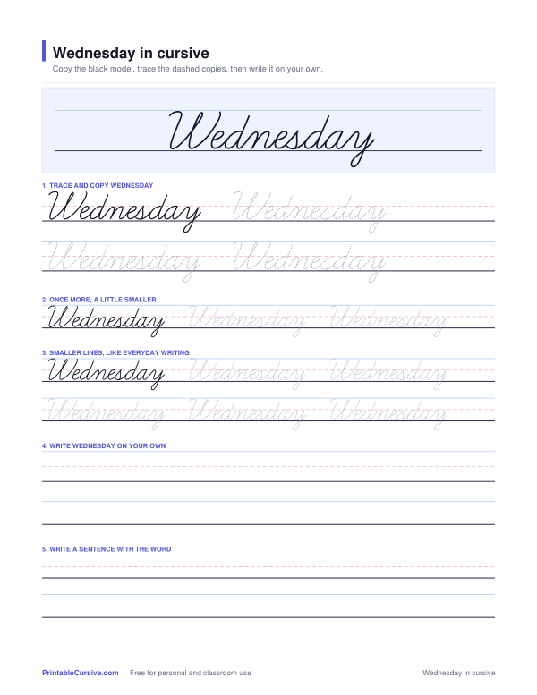 Preview of the Wednesday in cursive practice sheet worksheet