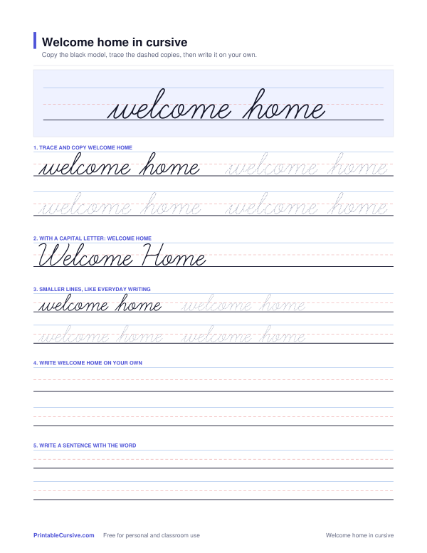 Preview of the Welcome home in cursive practice sheet worksheet