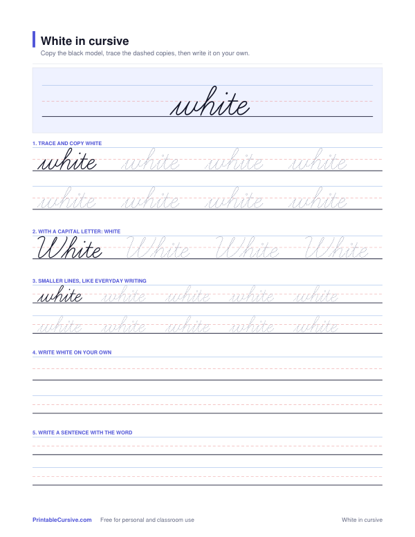 Preview of the White in cursive practice sheet worksheet