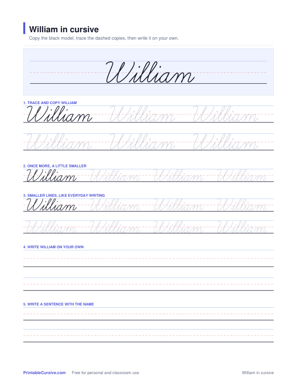 Preview of the William in cursive practice sheet worksheet