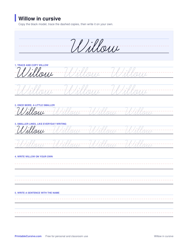 Preview of the Willow in cursive practice sheet worksheet