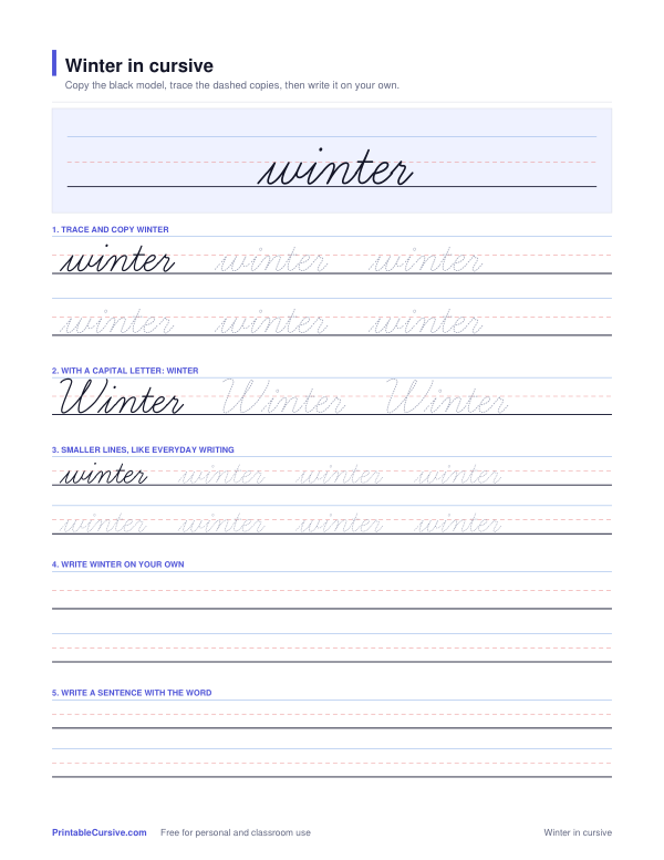 Preview of the Winter in cursive practice sheet worksheet