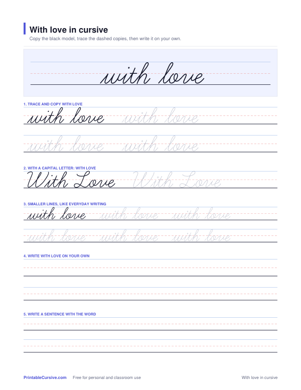 Preview of the With love in cursive practice sheet worksheet