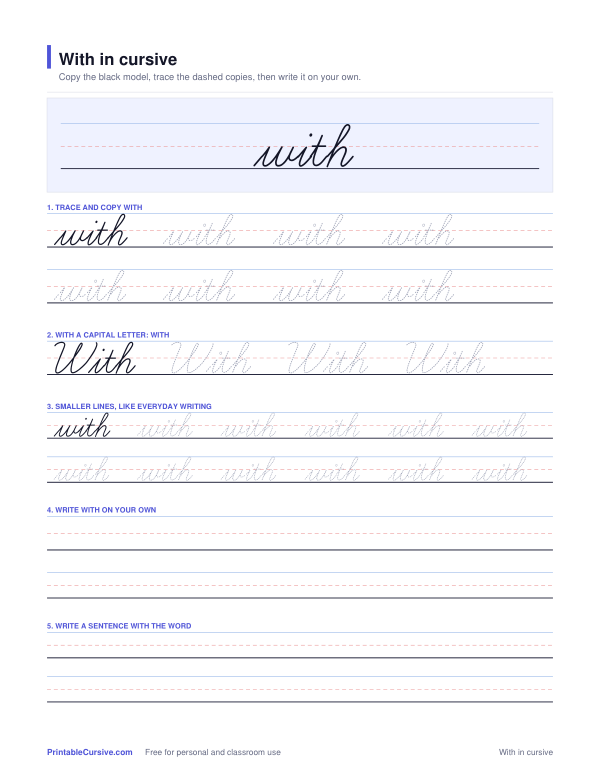 Preview of the With in cursive practice sheet worksheet