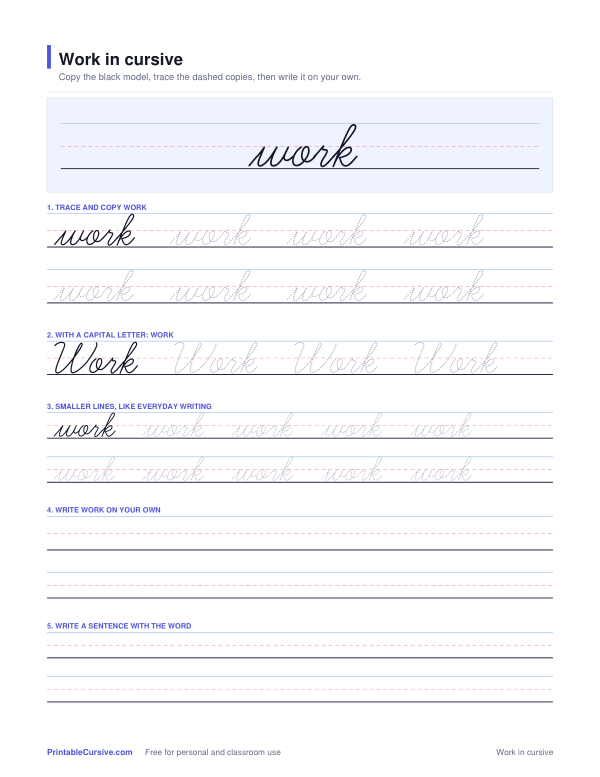 Preview of the Work in cursive practice sheet worksheet