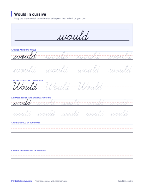Preview of the Would in cursive practice sheet worksheet