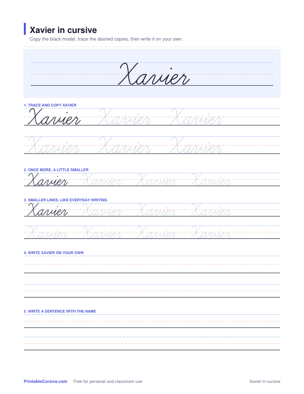 Preview of the Xavier in cursive practice sheet worksheet