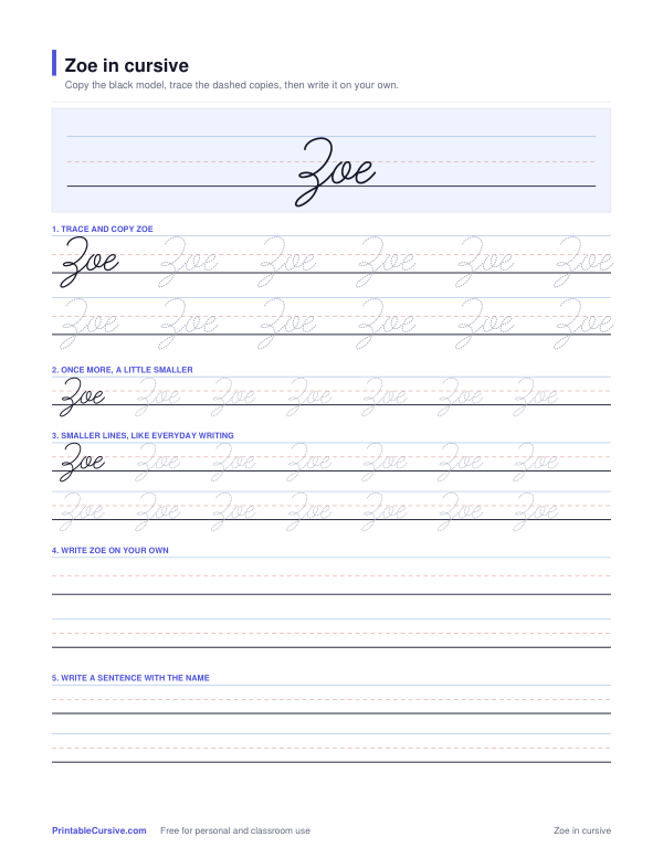 Preview of the Zoe in cursive practice sheet worksheet